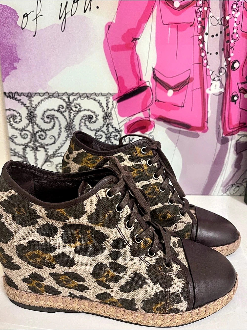 Theory Leopard Print Espadrille Wedge Sneakers Leather Cap Toe Lace Up Size 37